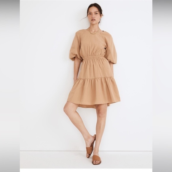 Madewell Tan Khaki Puff-Sleeve Cutout Mini Dress L - Picture 1 of 12